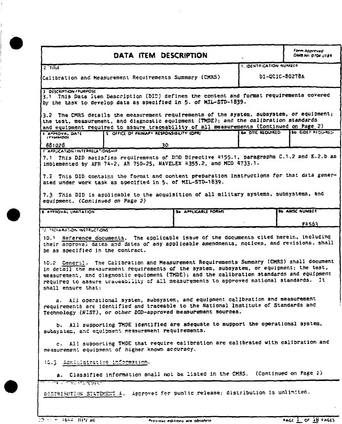 DID Calibration and Measurement Requirements Summary (CMRS) SE Goldmine